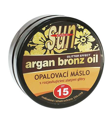 Vivaco SUN Argan Bronz Oil įdegio sviestas su švytinčiu auksiniu blizgučiu ir organiniu argano aliejumi spf 15 200 ml