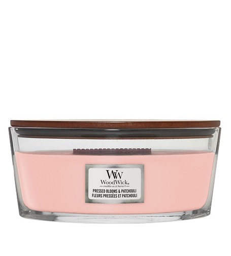 WoodWick Pressed Blooms & Patchouli kvapni žvakė su mediniu dagčiu 453,6 g