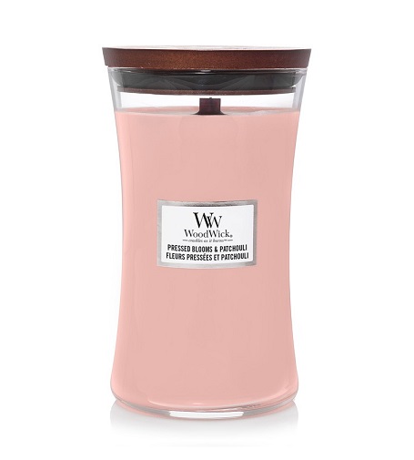 WoodWick Pressed Blooms & Patchouli tuoksukynttilä, jossa on puinen wick 609,5 g