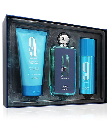 Afnan 9 AM Dive dāvanu komplekts unisex eau de parfum 100 ml + dušas želeja 150 ml + dezodoranta aerosols 150 ml
