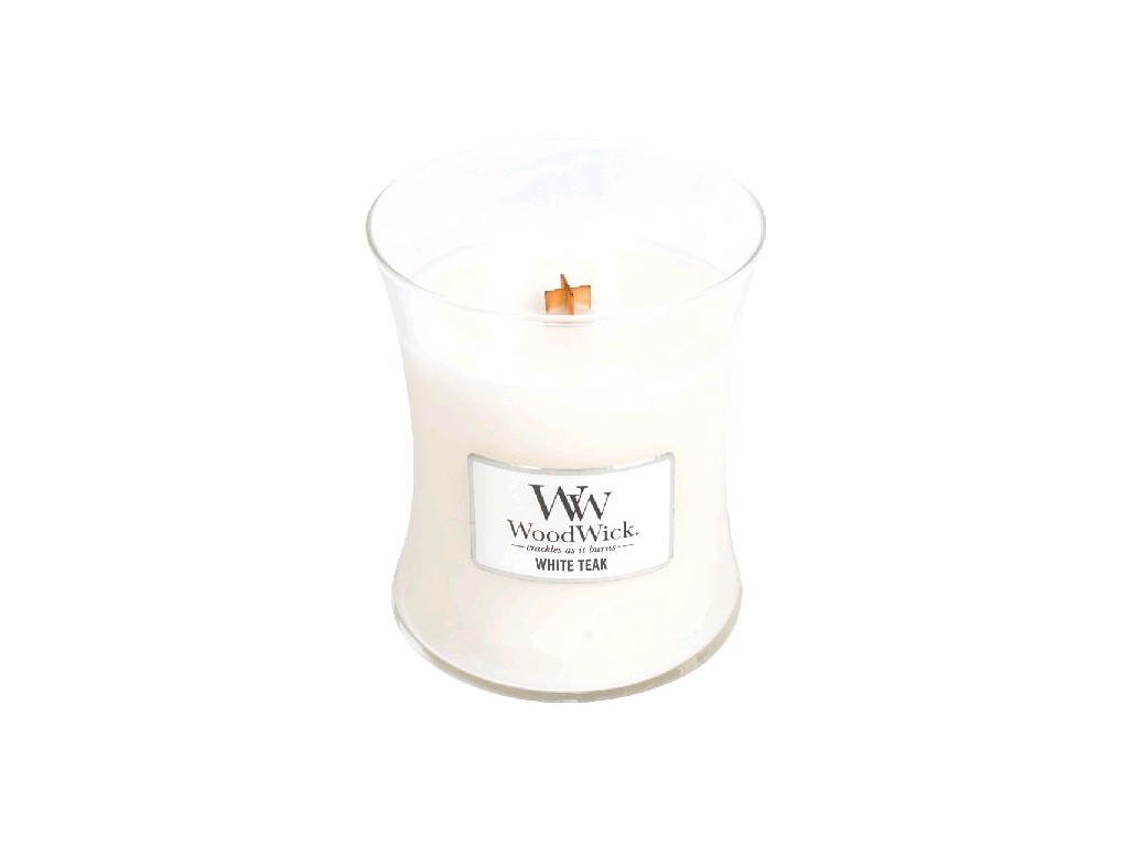 WoodWick White Teak aromātiskā svece ar koka vītni 275 g