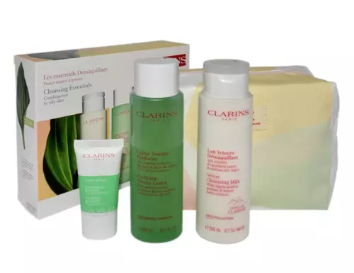 Set Clarins Velvet Cleansing Milk 200ml + Purifying Toning Lotion 200ml + Pure Scrub 15ml + Cosmetics Bag by Clarins